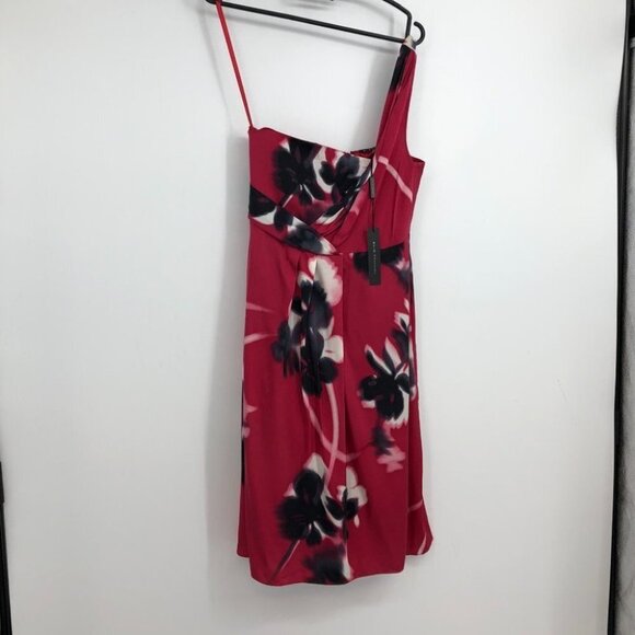 NWT Elie Tahari Farla Silk hot pink / chilli red 1 shoulder floral  dress size 4 - Picture 2 of 15